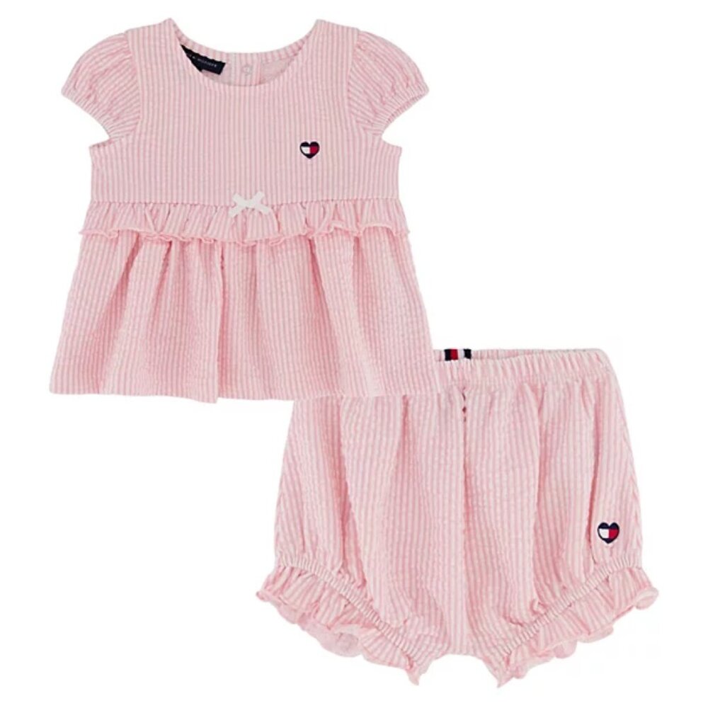Tommy Hilfiger Baby Girls 2-Piece Ruffled Seersucker Stripe Bloomer Set NWT